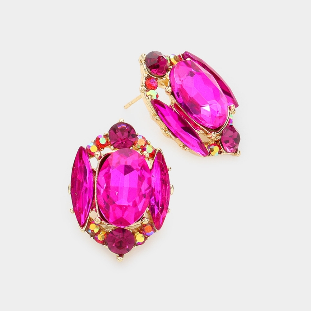 Fuchsia Pink Stud Emerald Cut Fashion Jewelry Crystal Earrings Evening Statement